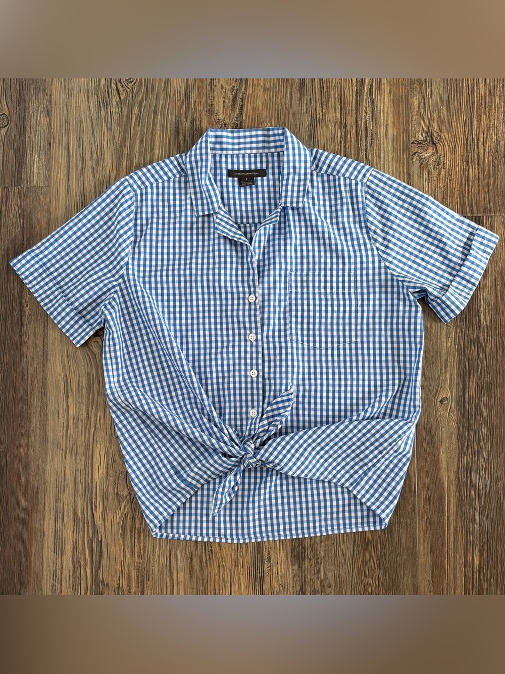 French Connection Tatus Check Tie Front S/S Camp Shirt Small Blue White Gingham